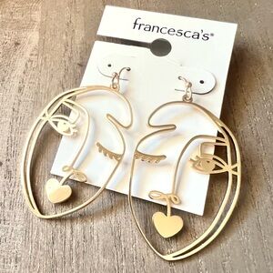 Francesca's Morgan Outlined Face Drop Heart Gold Pierced Earrings NWT